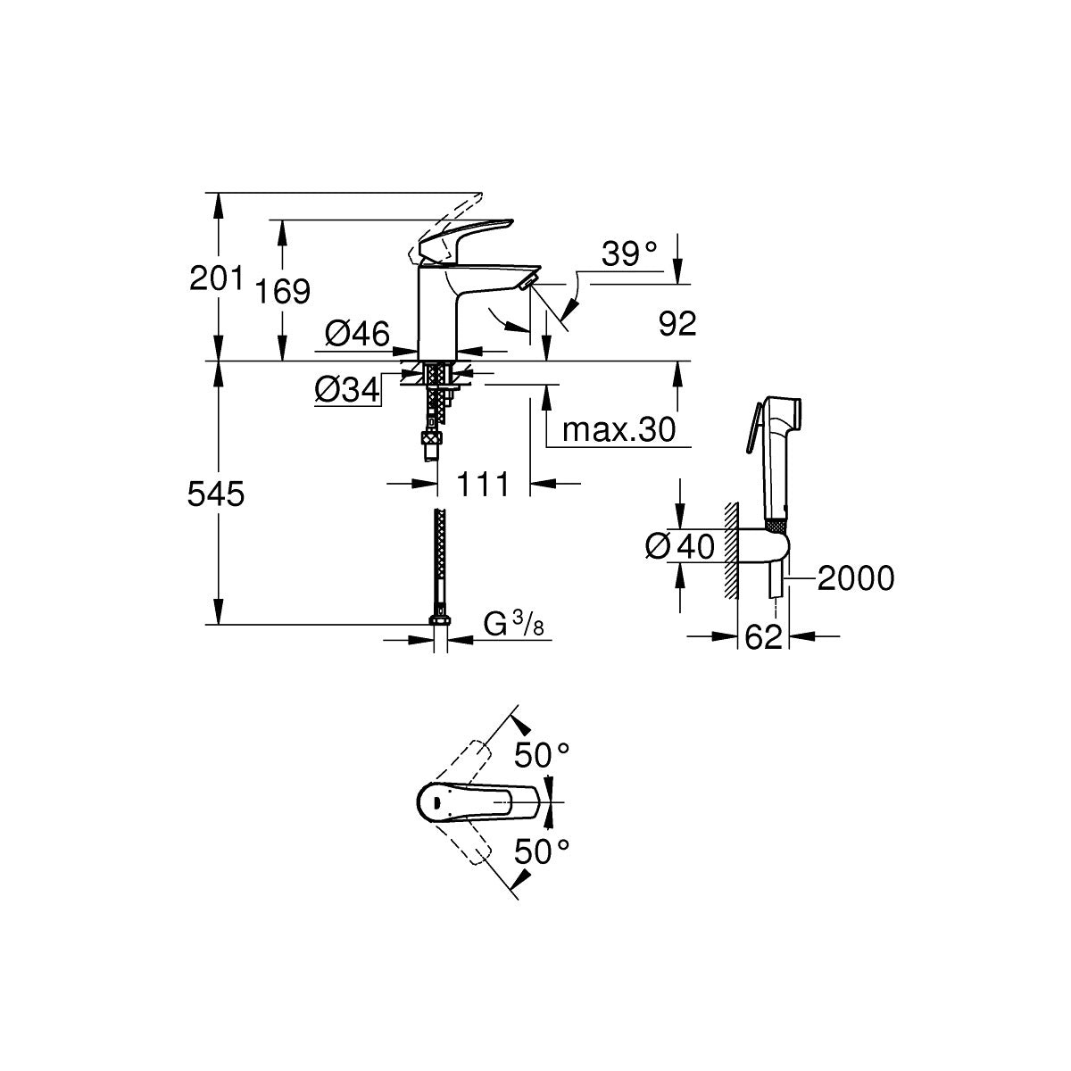 23124003 Grohe Eurosmart armatura za umivalnik s higienskim tuš setom