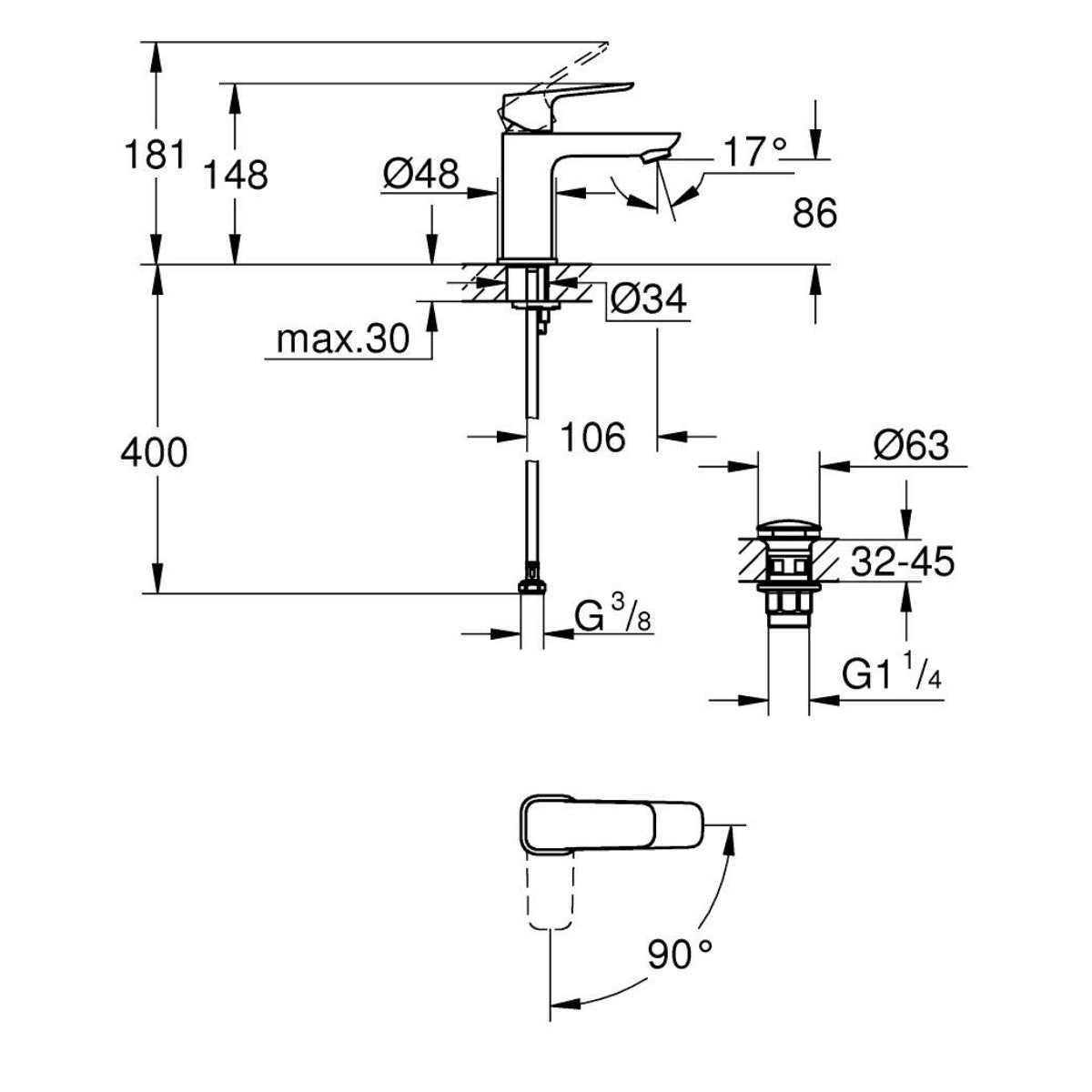 1017322430 Grohe Cubeo CoolStart Click-Clack armatura za umivalnik