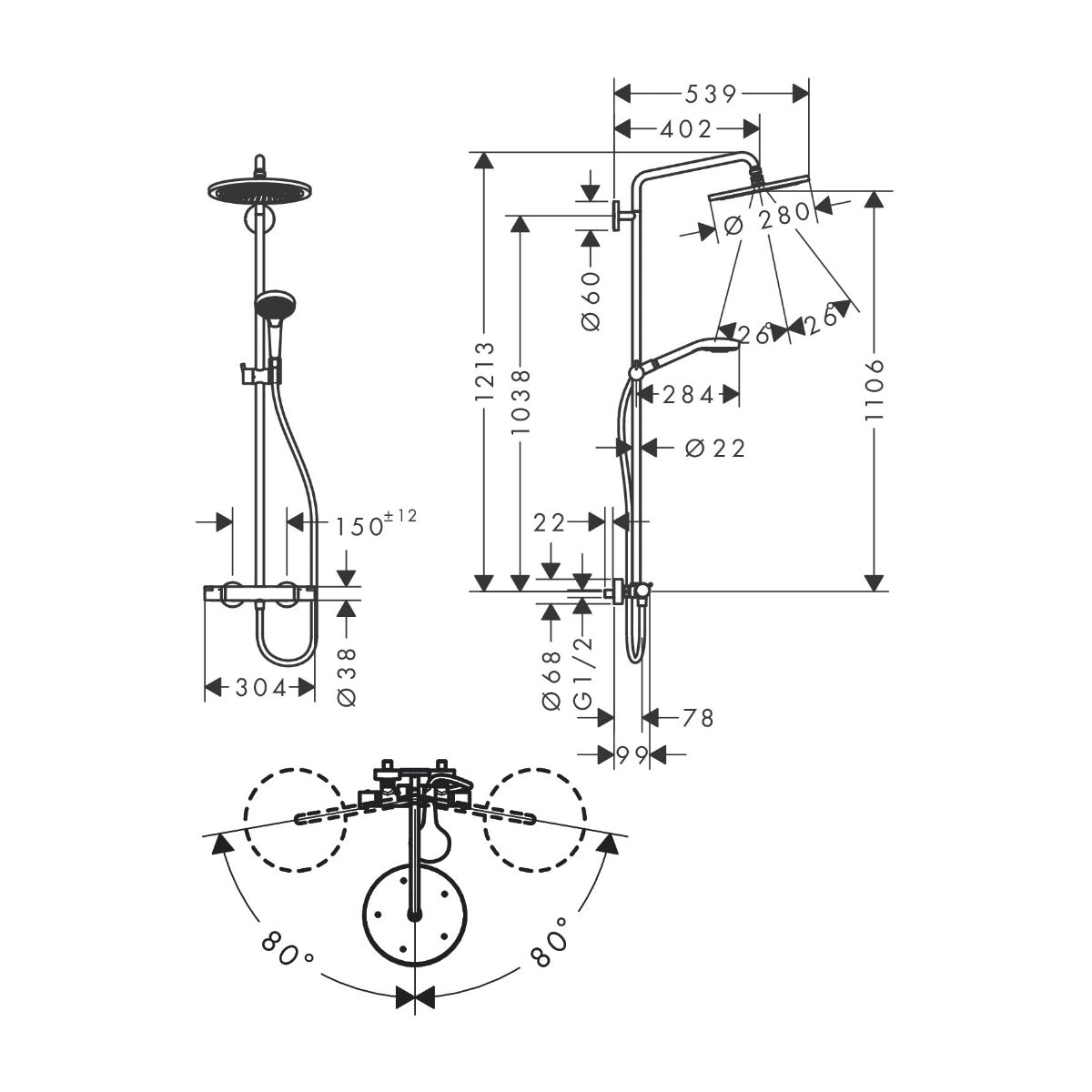 26890990 Hansgrohe Croma Select S 280 1jet stenska termostatska armatura s tuš setom