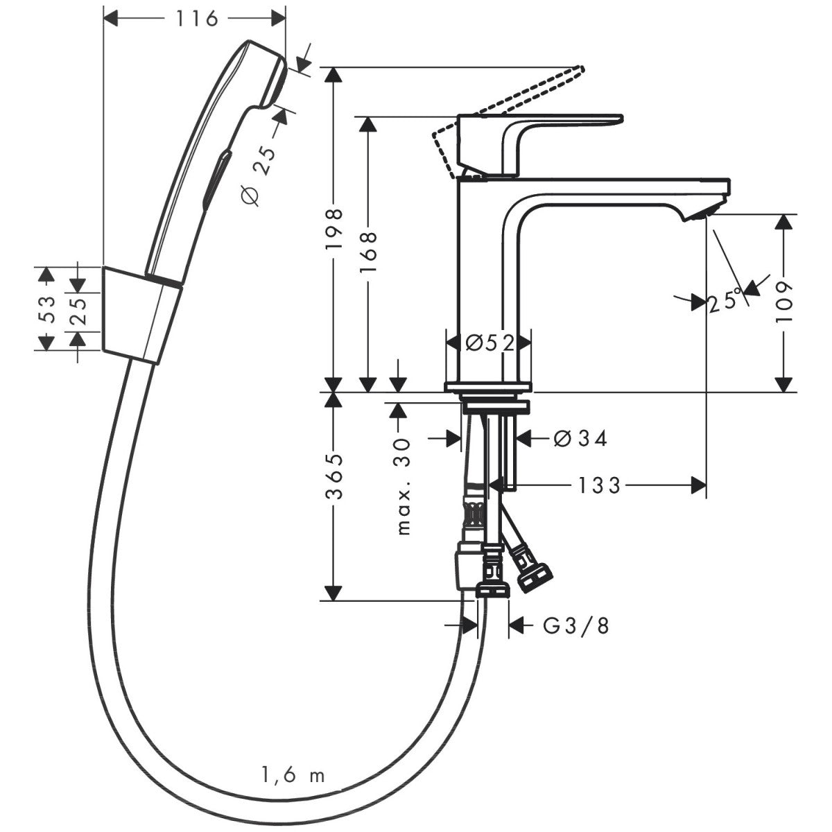 72215670 Hansgrohe Rebris S 110 armatura za umivalnik s higienskim tuš setom