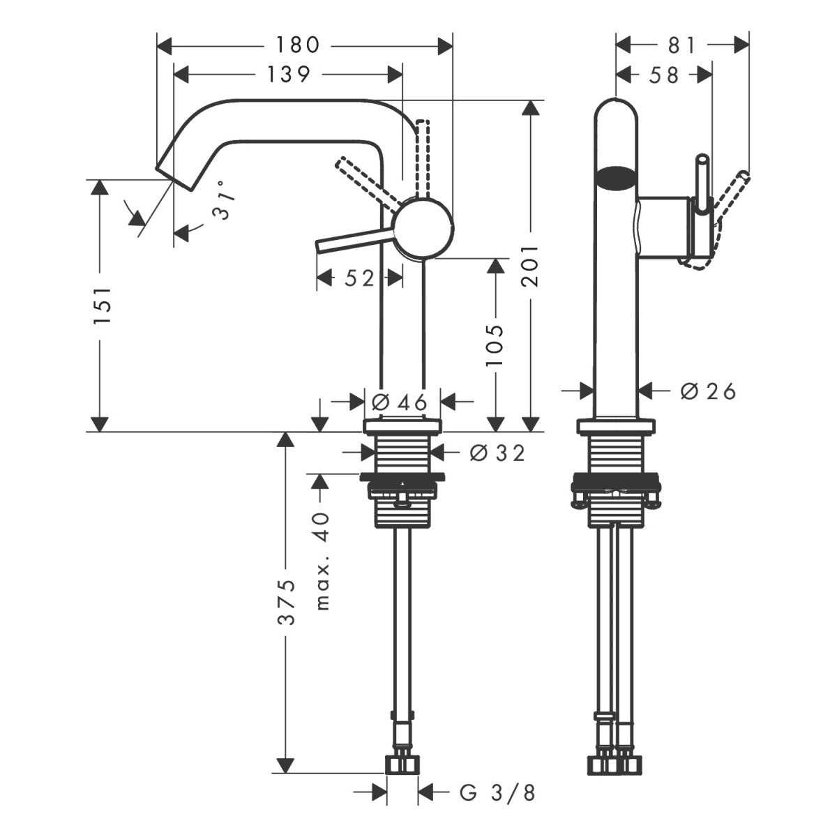 73340670 Hansgrohe Tecturis S CoolStart EcoSmart+ 150 Click-Clack visoka armatura za umivalnik