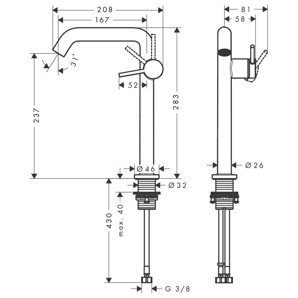 73370000 Hansgrohe Tecturis S CoolStart EcoSmart+ 240 Click-Clack visoka armatura za umivalnik