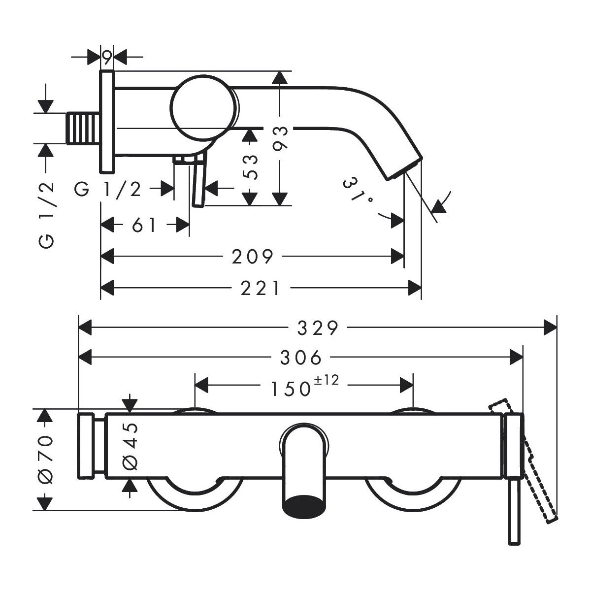 73422670 Hansgrohe Tecturis S stenska armatura za kad črna