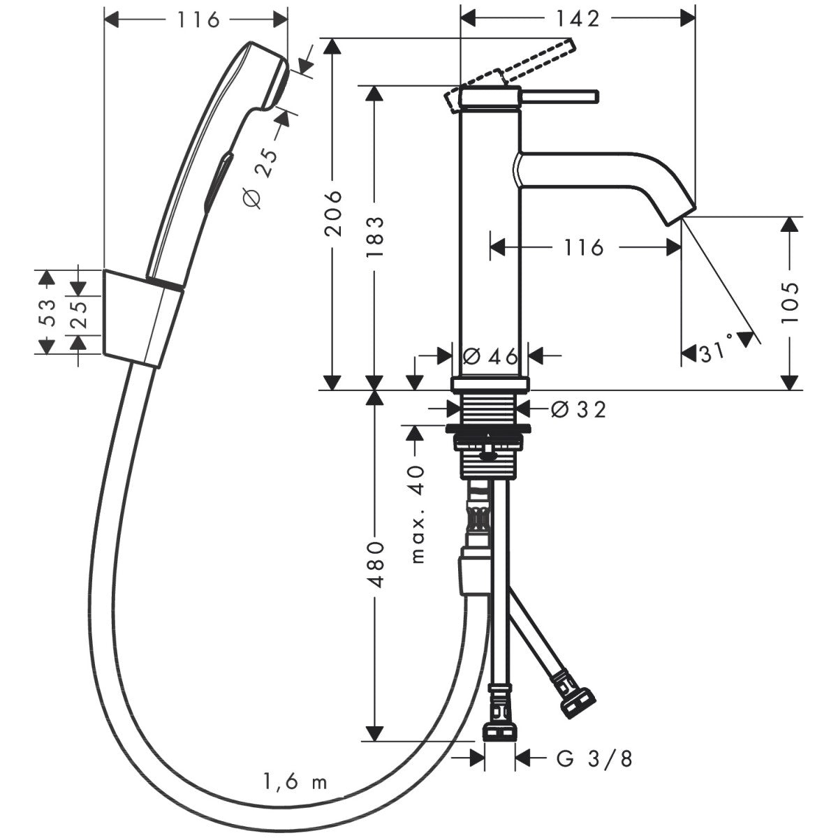 73211670 Hansgrohe Tecturis S 110 armatura za umivalnik s higijenskim tuš setom
