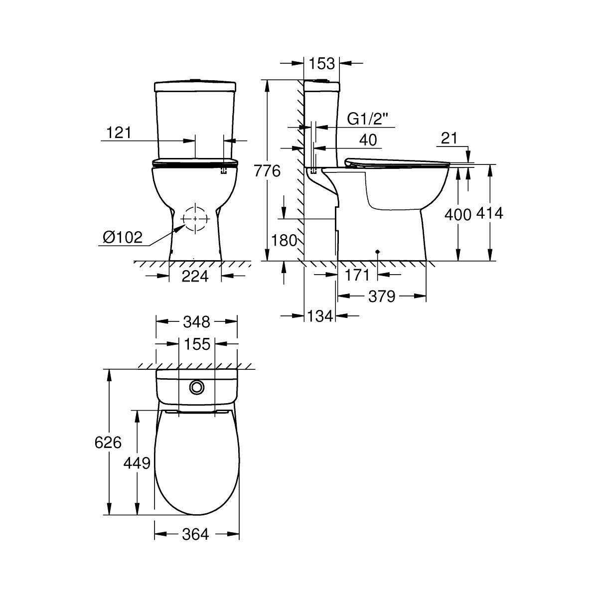 39942000 Grohe Bau Ceramic talna brezrobna WC školjka monoblok (stenski izliv) z WC desko s počasnim zapiranjem