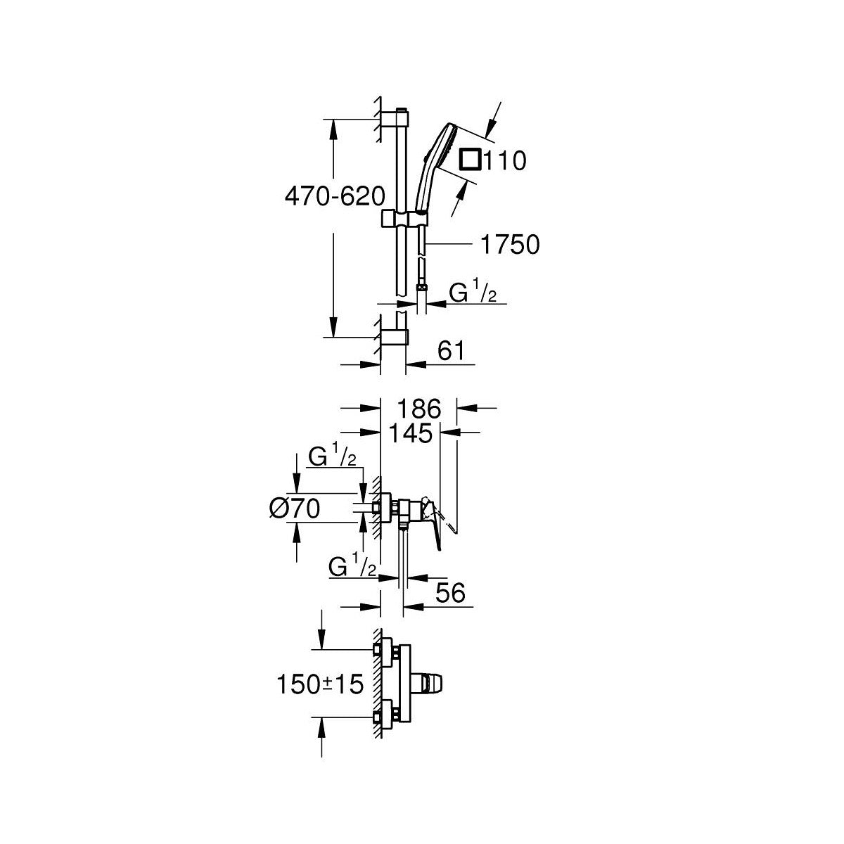 1018250000 GROHE Cubeo stenska armatura za tuš s tuš setom