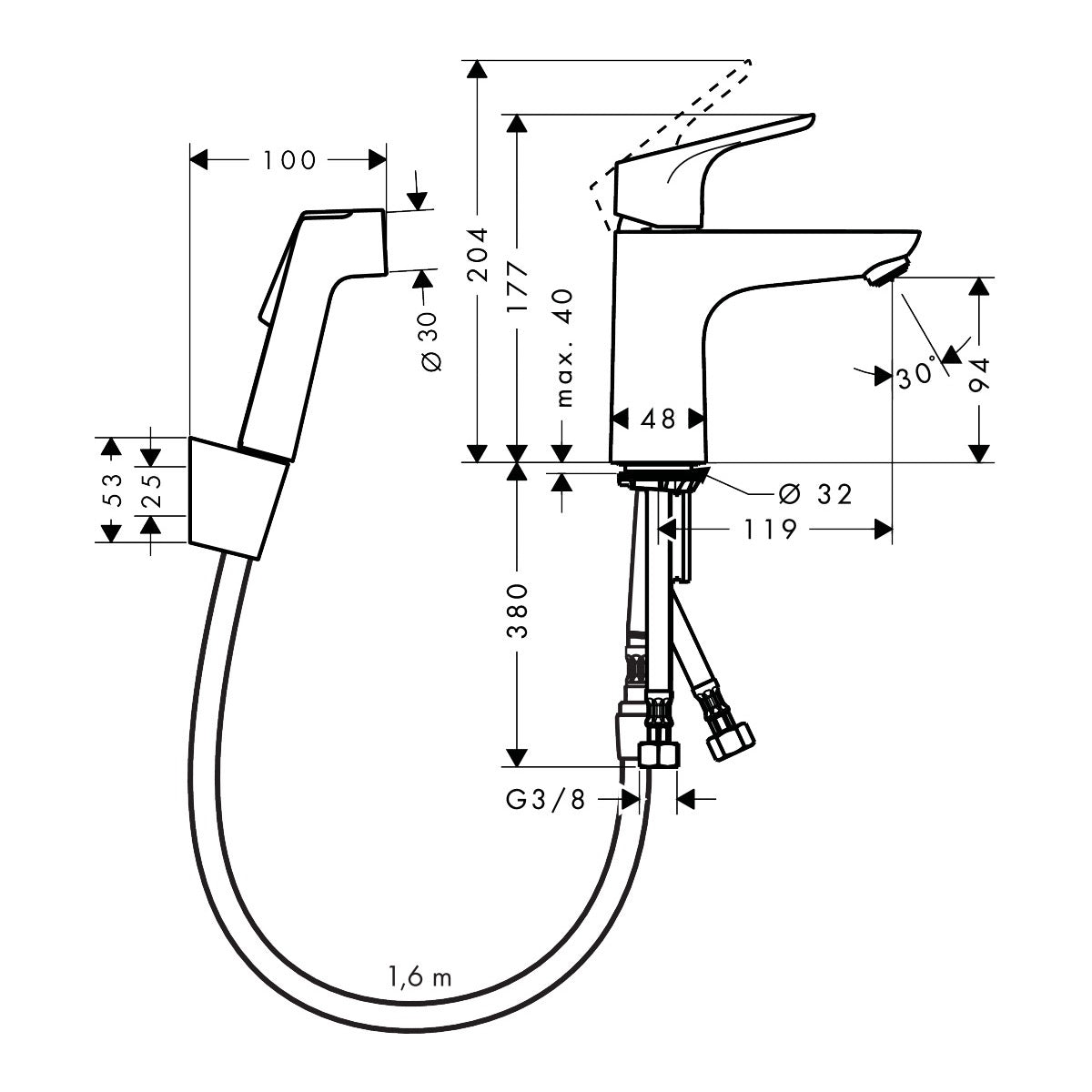 31927000 Hansgrohe Focus 100 armatura za umivalnik s higienskim tuš setom