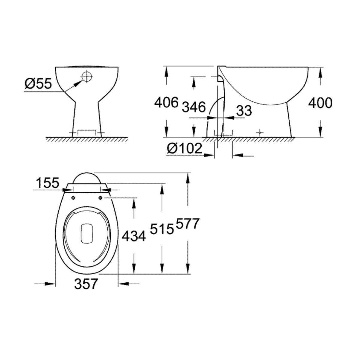 39431000 Grohe Bau Ceramic talna brezrobna WC školjka s talnim izlivom
