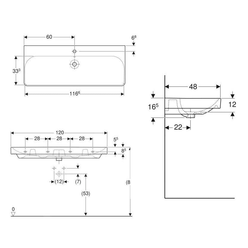 500.226.01.1 Geberit Smyle Square 120 x 48 cm keramični umivalnik z odprtino za armaturo