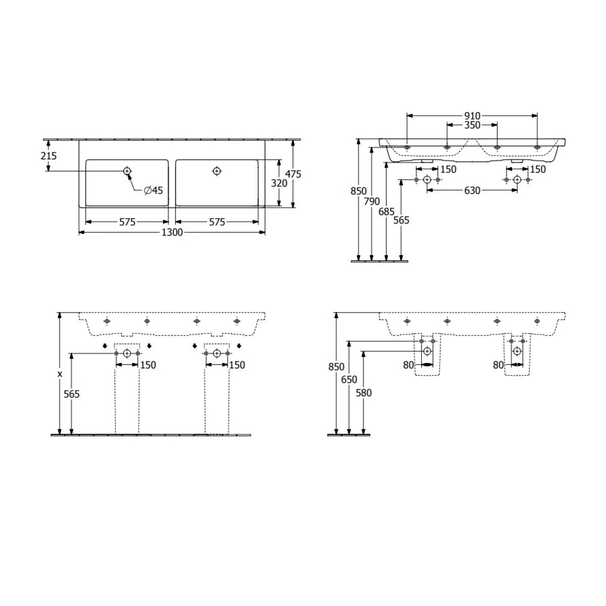 4A71D3RW Villeroy & Boch Subway 3.0 CeramicPlus 130 x 47 cm dvojni keramični umivalnik brez odprtine za armaturo