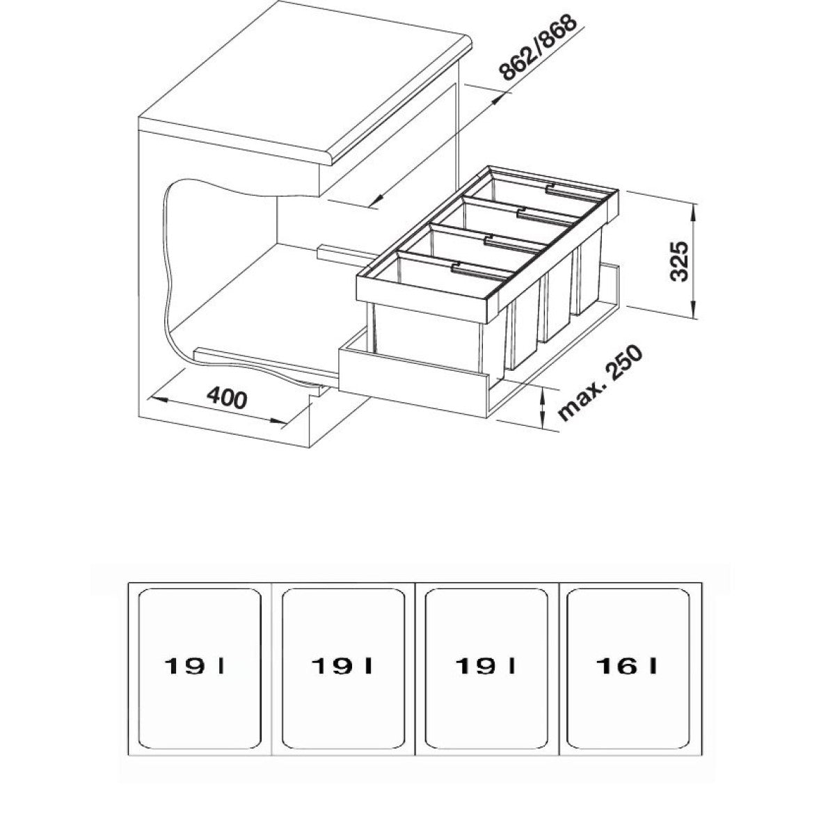 521475 Blanco Flexon II Low 90/4, 3x 19l, 1 x 16l sorter odpadkov