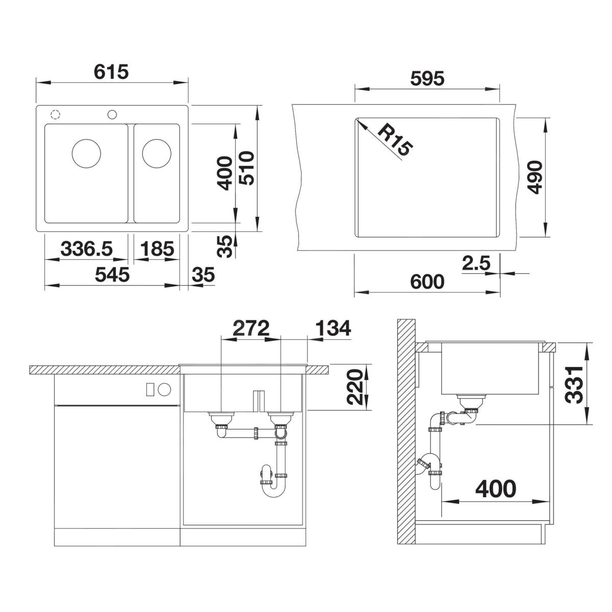 521689 Blanco Pleon 6 Split dvojno pomivalno korito iz umetnega kamna