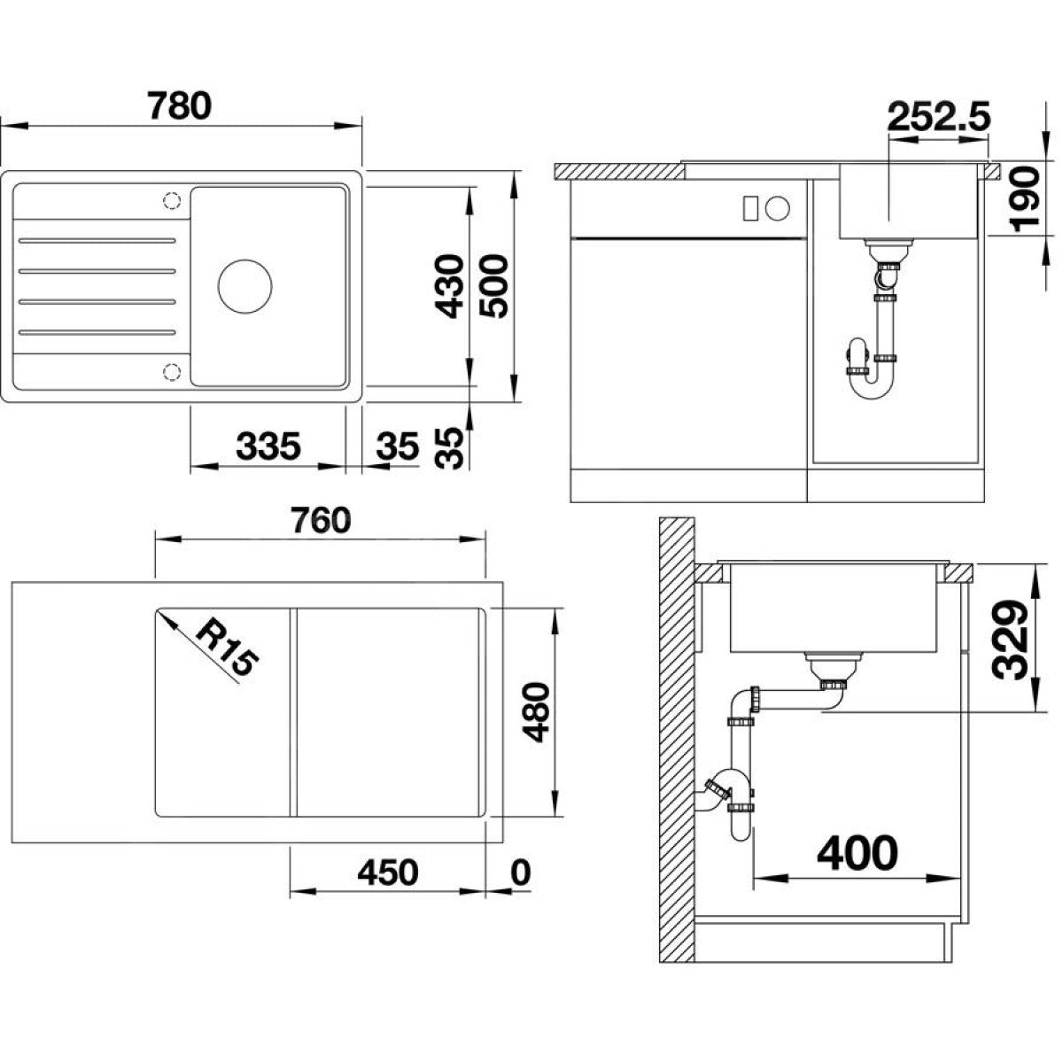 522201 Blanco Legra 45 S pomivalno korito iz umetnega kamna