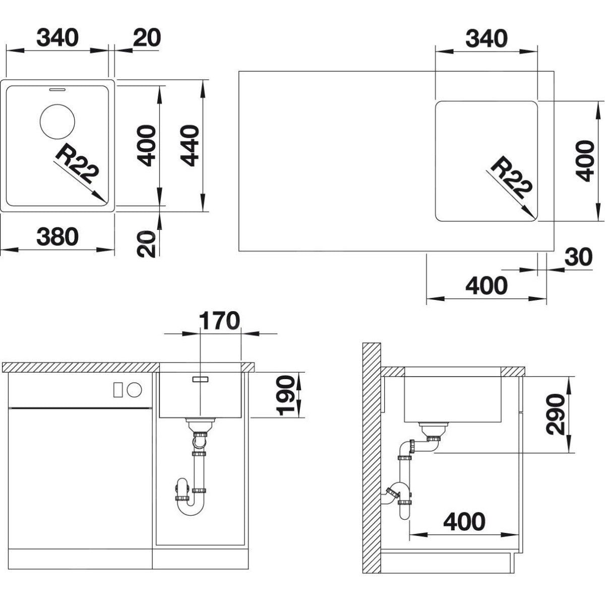 522955 Blanco Andano 340-U pomivalno korito iz nerjavnega jekla