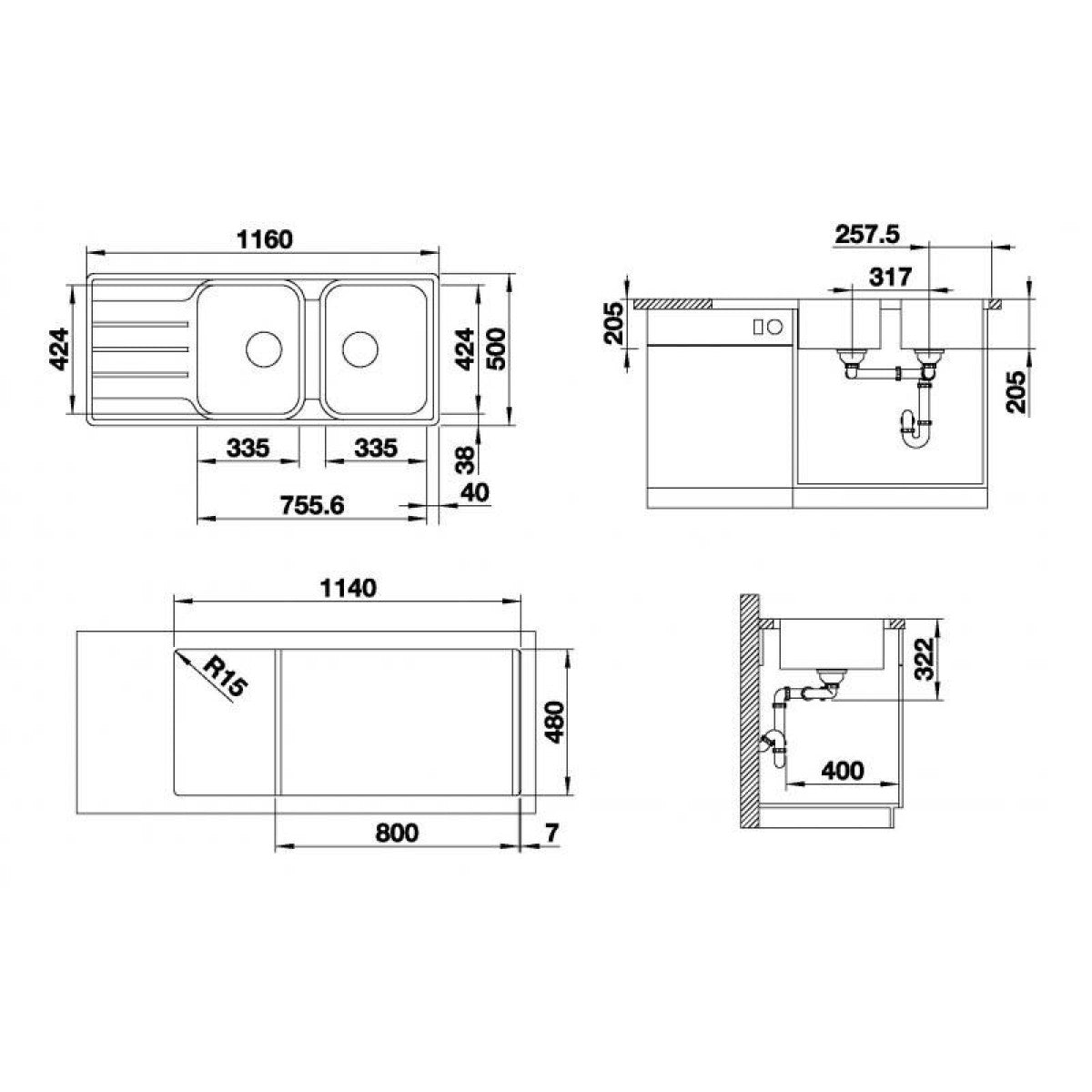 523036 Blanco Lemis 8 S-IF 116 x 50 cm dvojno pomivalno korito iz nerjavnega jekla
