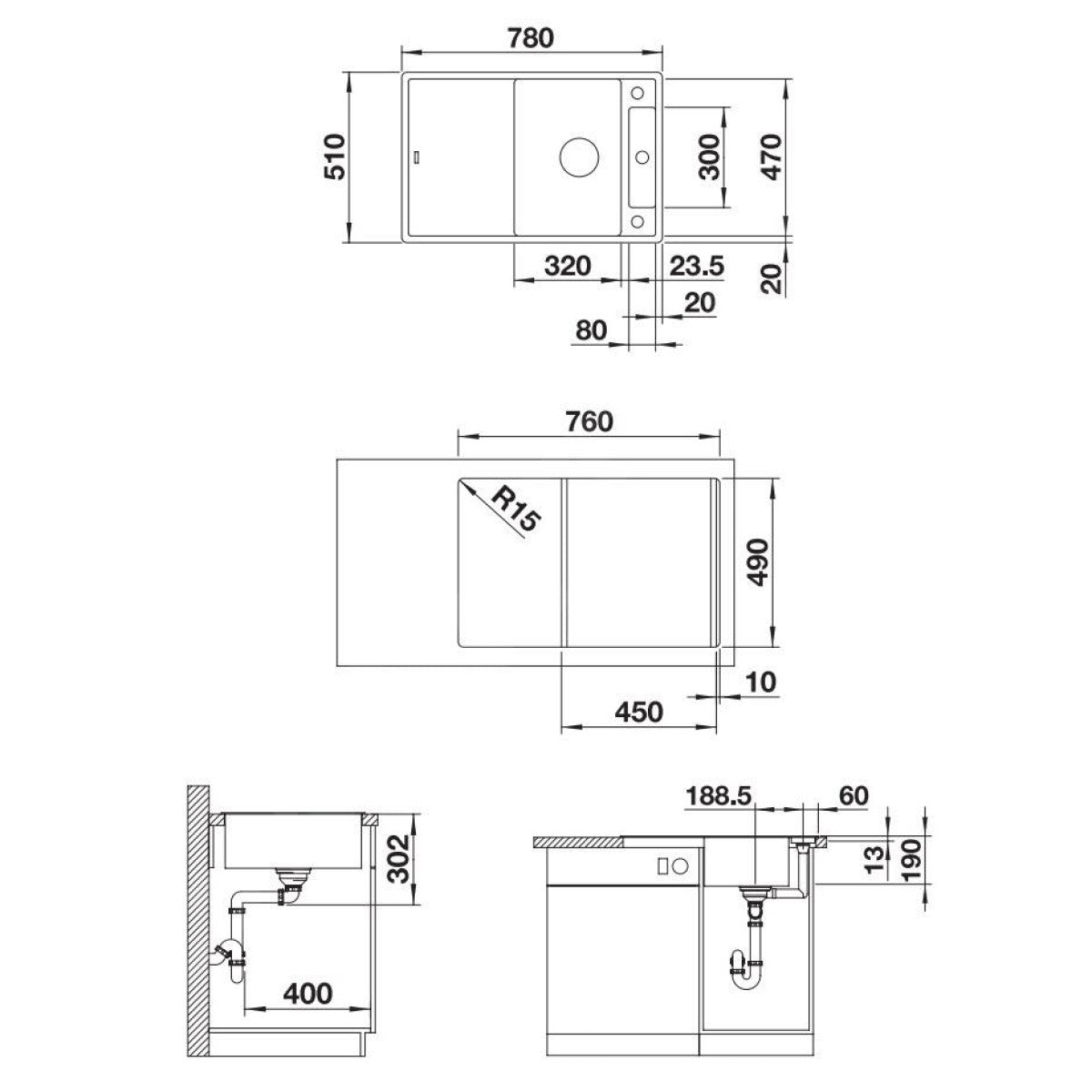 523177 Blanco Axia III 45 S pomivalno korito iz umetnega kamna