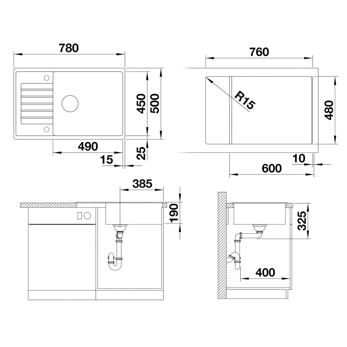 523263 Blanco Zia XL 6 S Compact pomivalno korito iz umetnega kamna