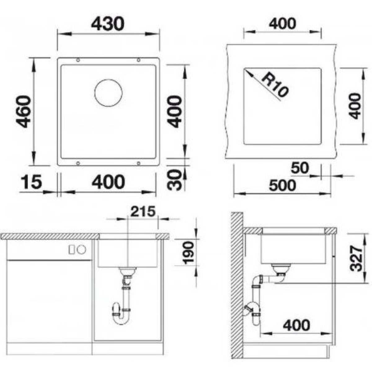 523429 Blanco Subline 400-U 43x46 cm pomivalno korito iz umetnega kamna