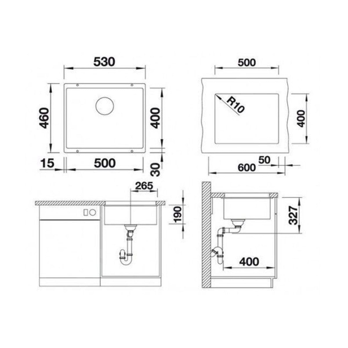 523436 Blanco Subline 500-U 53x46 cm pomivalno korito iz umetnega kamna