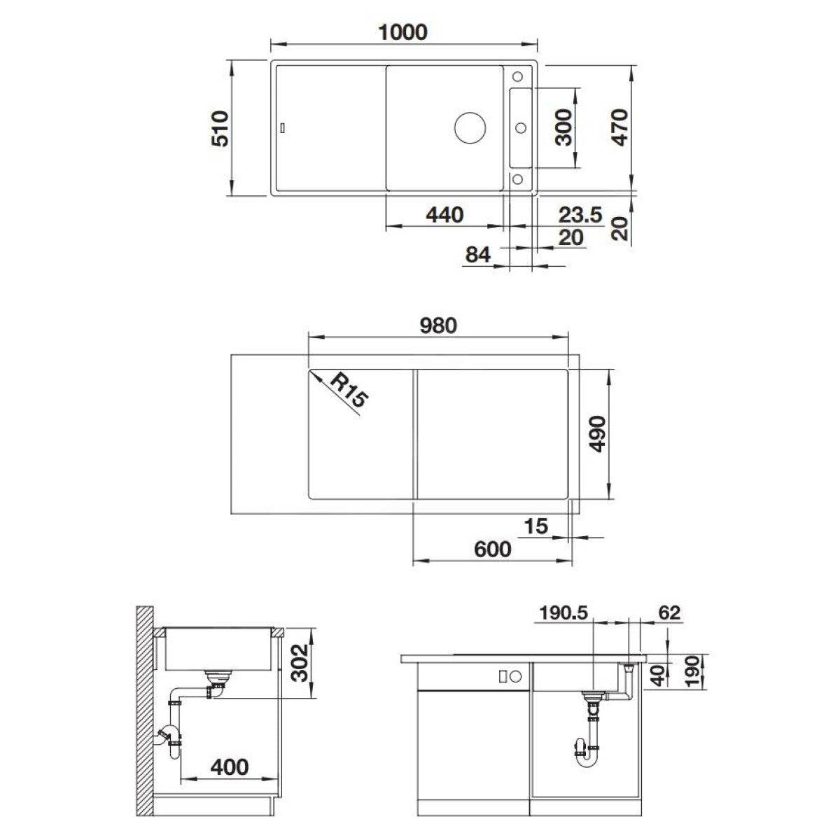 525857 Blanco Axia III XL 6 S pomivalno korito iz umetnega kamna