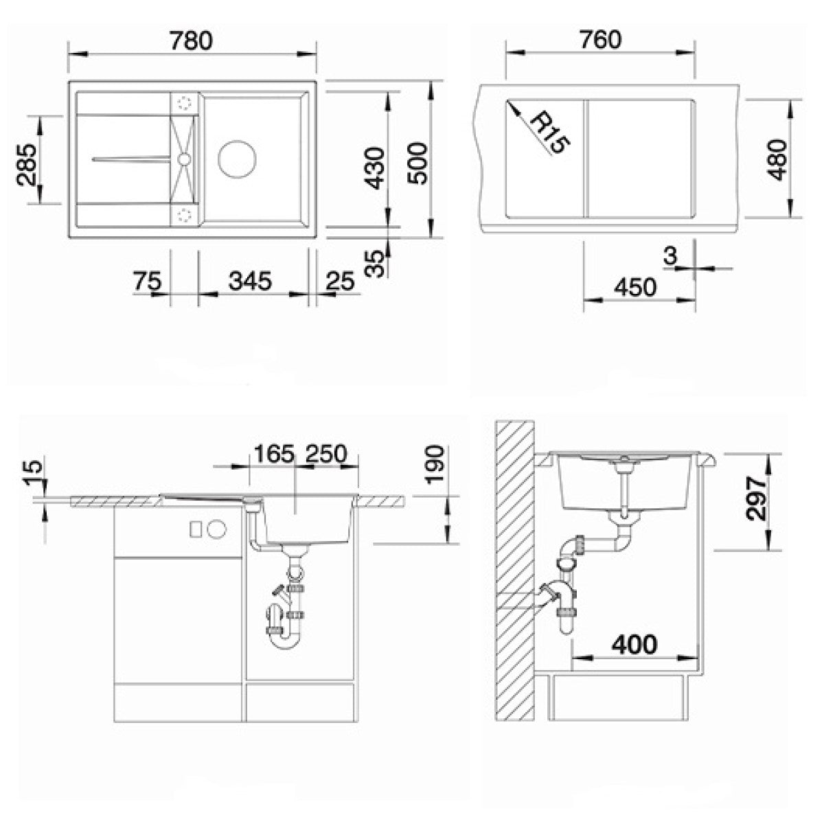 525915 Blanco Metra 45 S pomivalno korito iz umetnega kamna