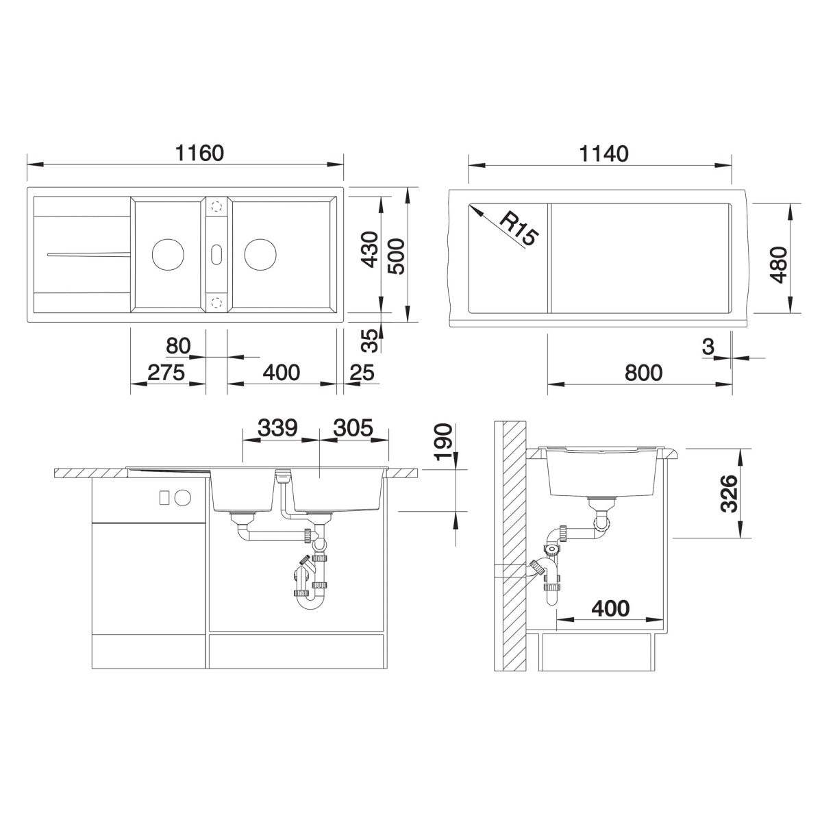 525934 Blanco Metra 8 S dvojno pomivalno korito iz umetnega kamna