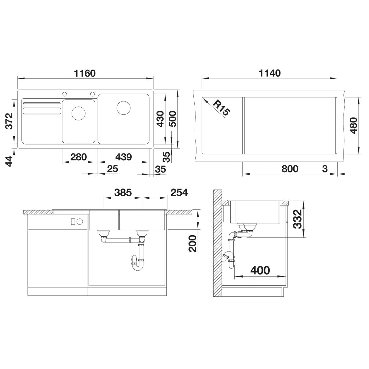 525945 Blanco Naya 8 S dvojno pomivalno korito iz umetnega kamna