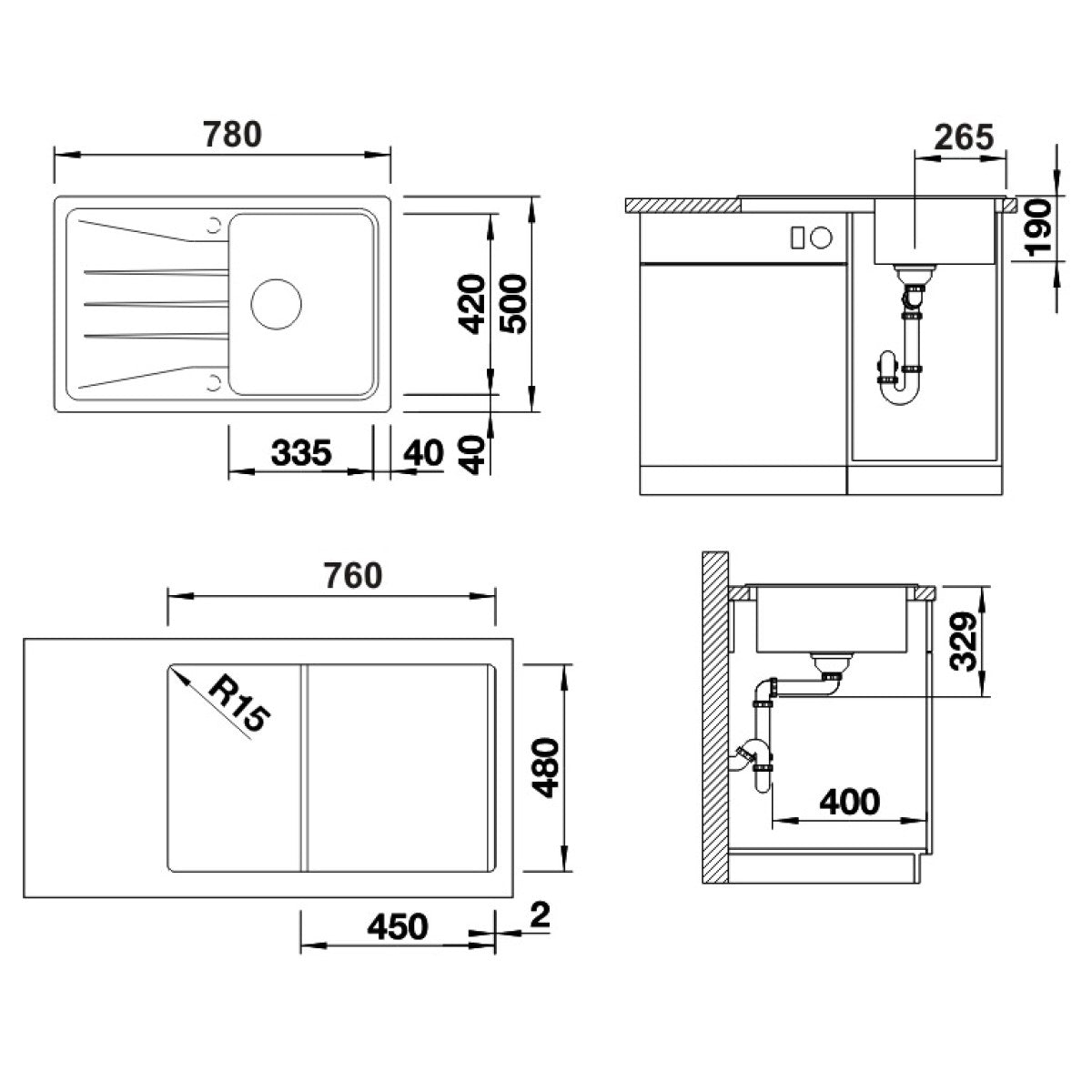 525970 Blanco Sona 45 S pomivalno korito iz umetnega kamna