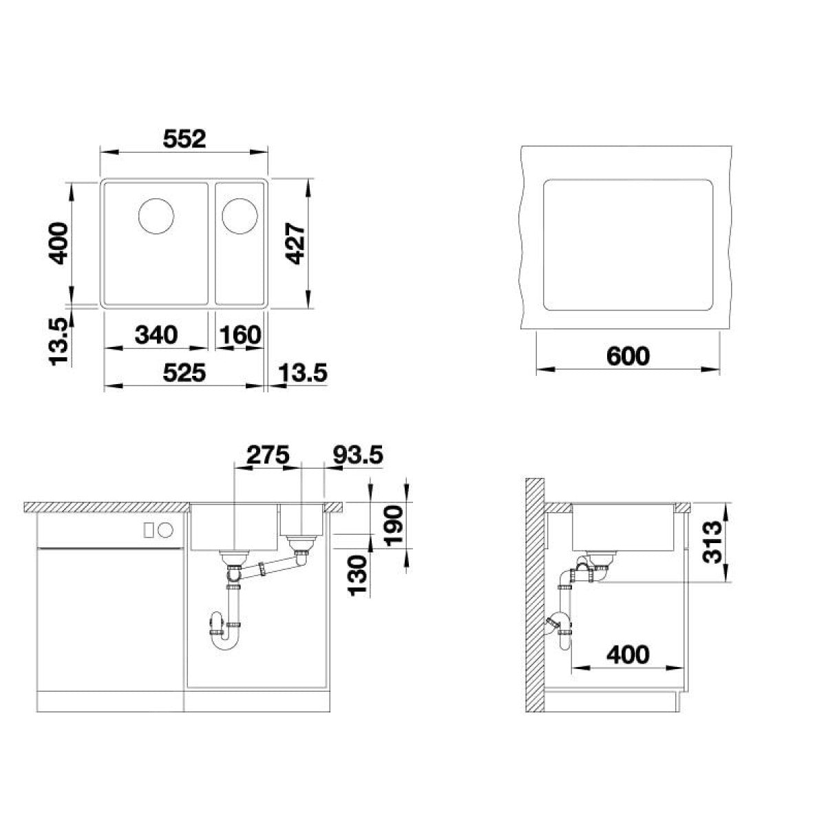 525984 Blanco Subline 340/160-F dvojno pomivalno korito iz umetnega kamna