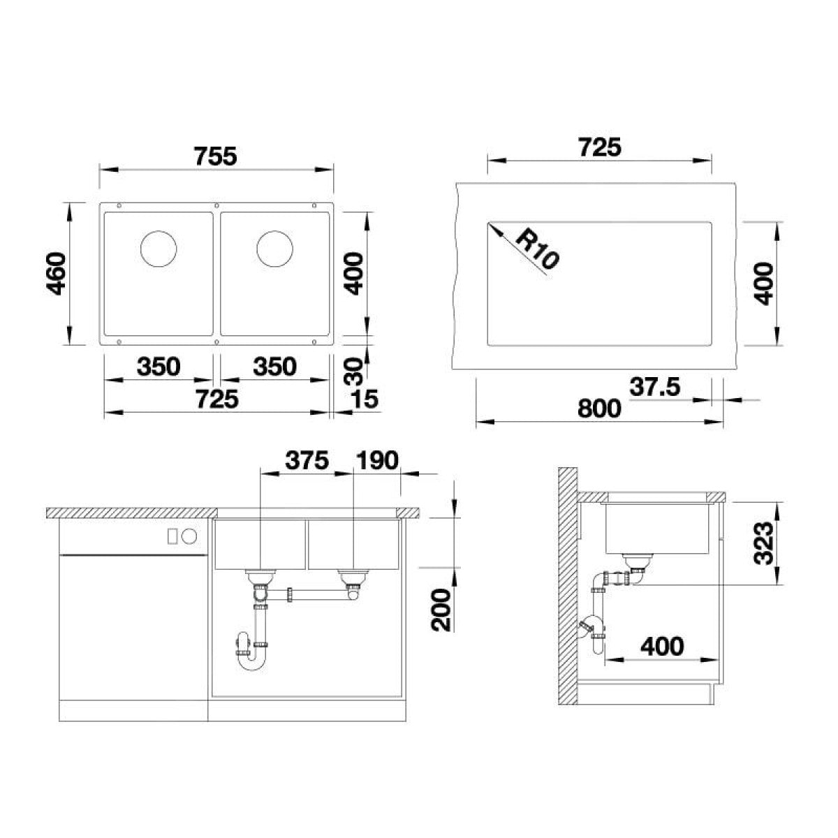 525987 Blanco Subline 350/350-U dvojno pomivalno korito iz umetnega kamna