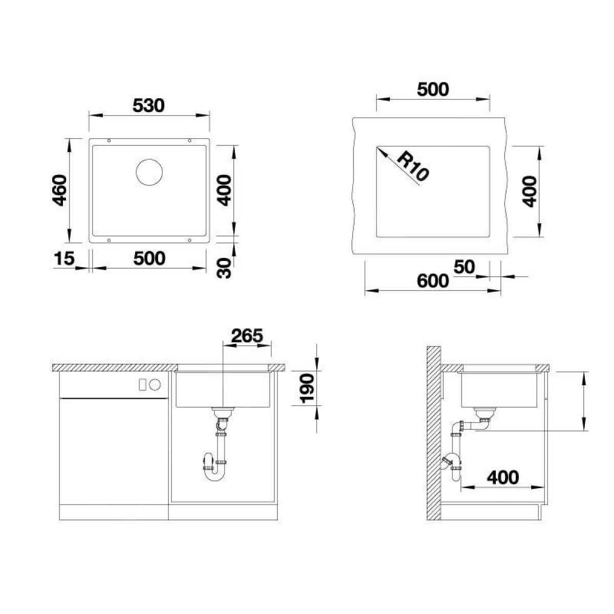 525995 Blanco Subline 500-U 53x46 cm pomivalno korito iz umetnega kamna