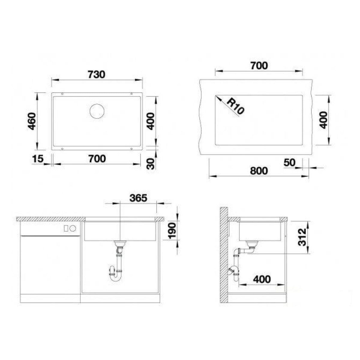 526001 Blanco Subline 700-U 73 x 46 cm pomivalno korito iz umetnega kamna