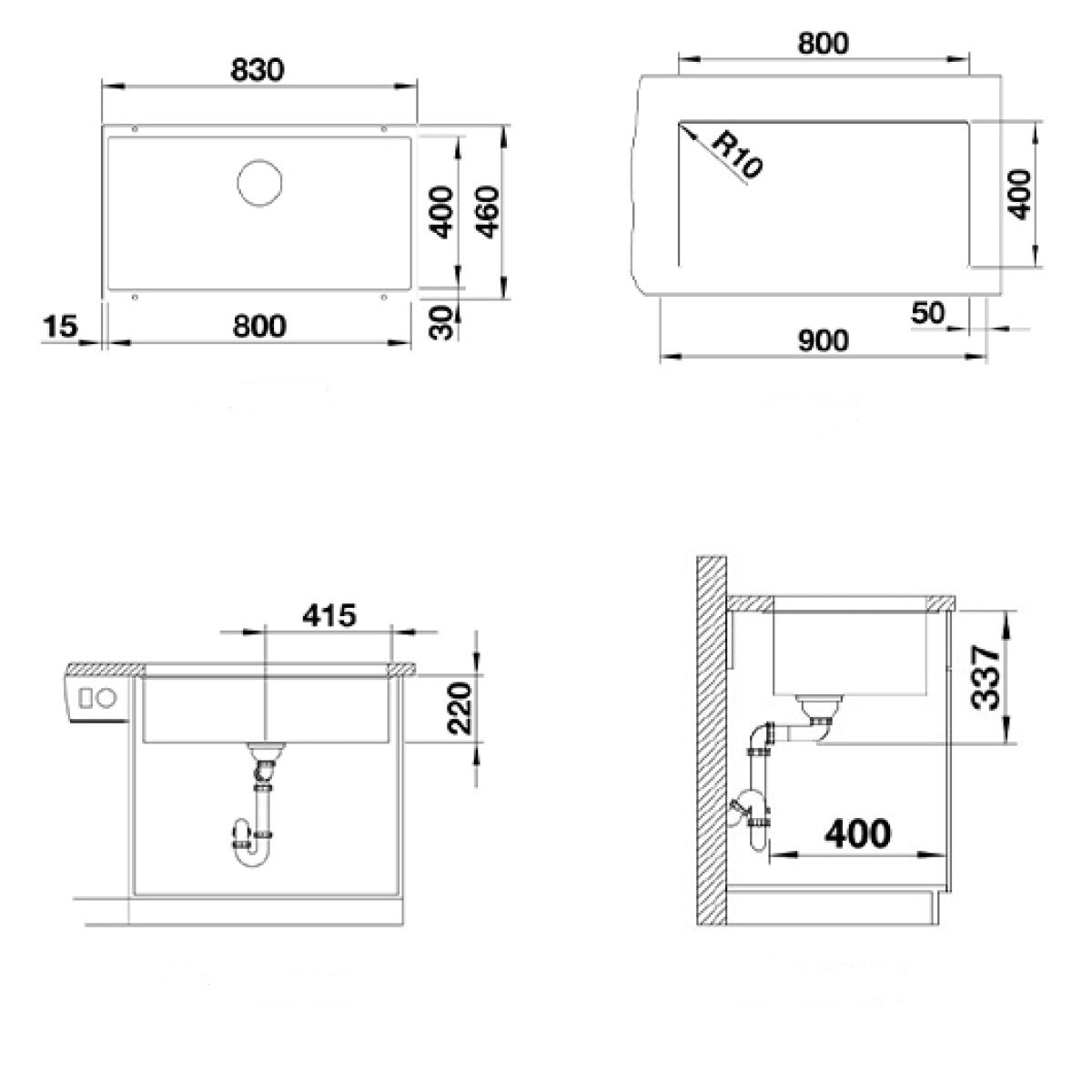 523148 Blanco Subline 800-U pomivalno korito iz umetnega kamna