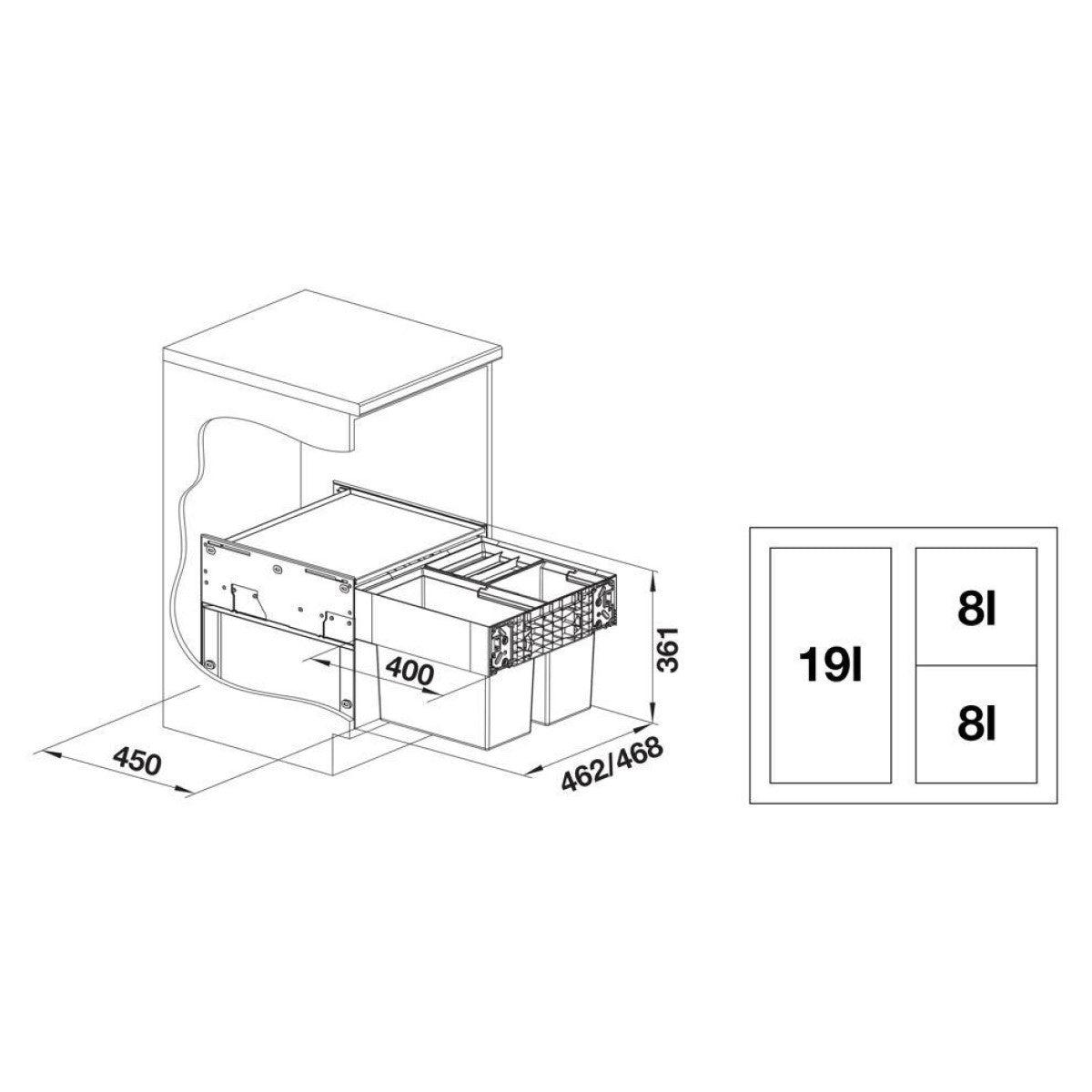 526202 Blanco Select II 50/3, 2 x 8l, 1 x 19l sorter odpadkov