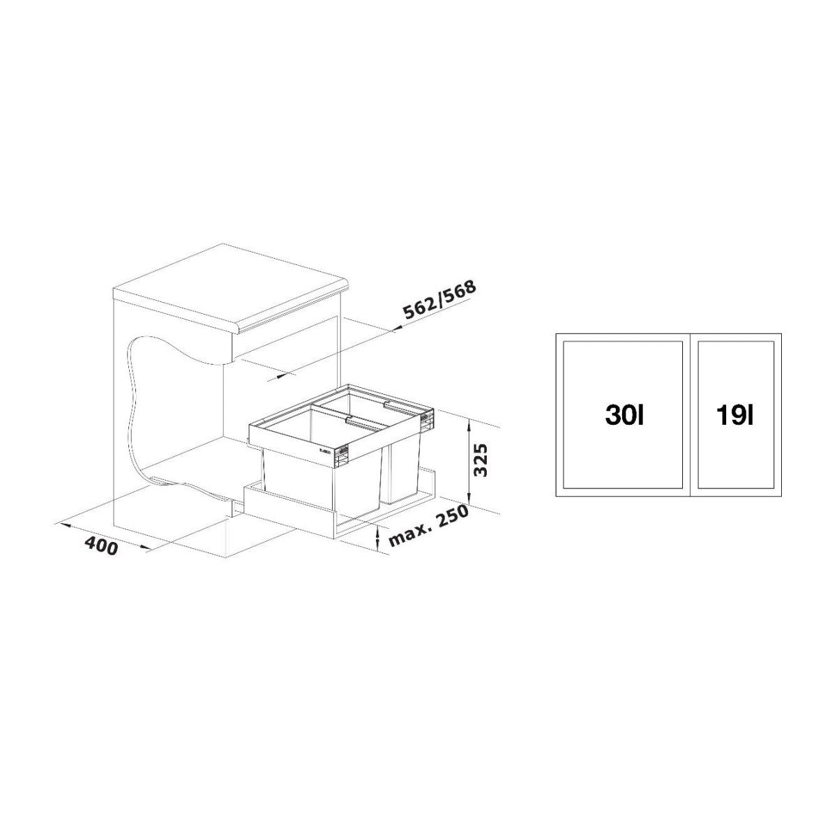 526641 Blanco Flexon II Low 60/2, 1 x 30l, 1 x 19l sorter odpadkov