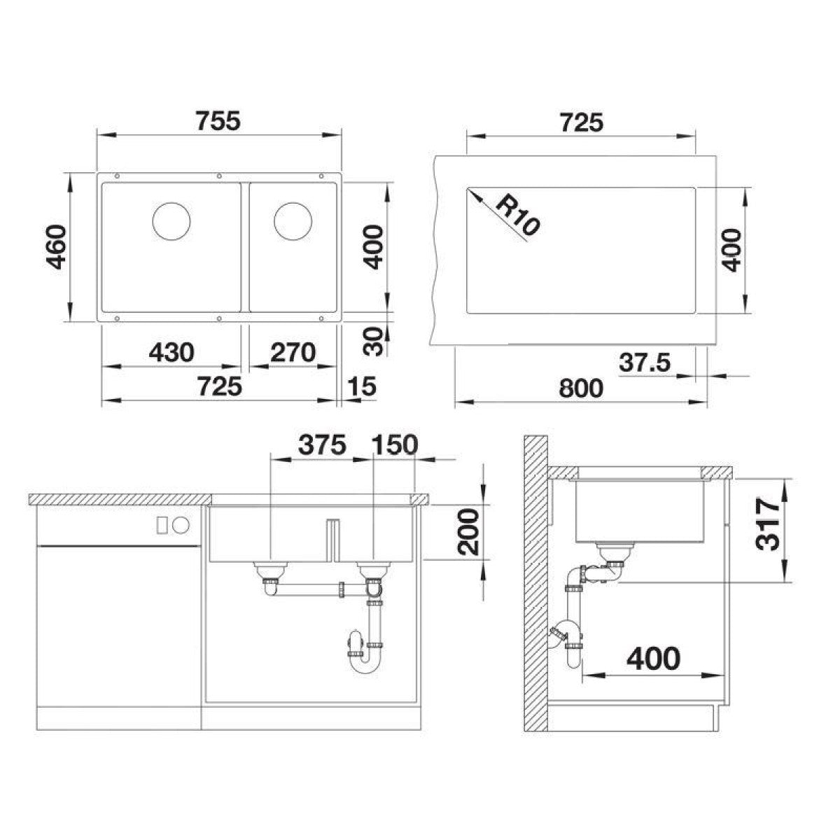 527167 Blanco Subline 430/270-U dvojno pomivalno korito iz umetnega kamna