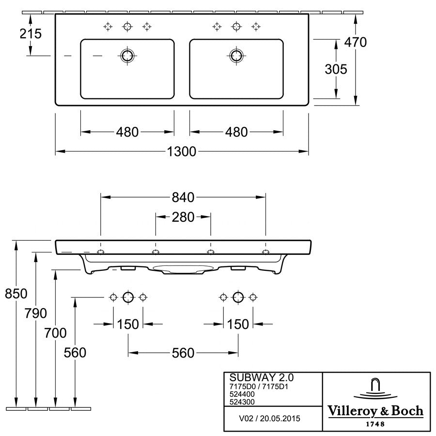 7175D001 Villeroy & Boch Subway 2.0 130 x 47 cm dvojni keramični umivalnik z 2 odprtinama