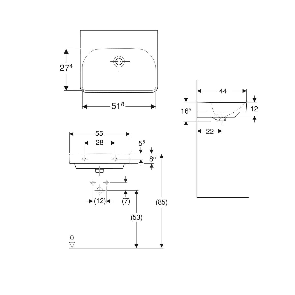 501.574.00.1 Geberit Smyle Square 55 x 44 cm keramični umivalnik brez odprtine za armaturo