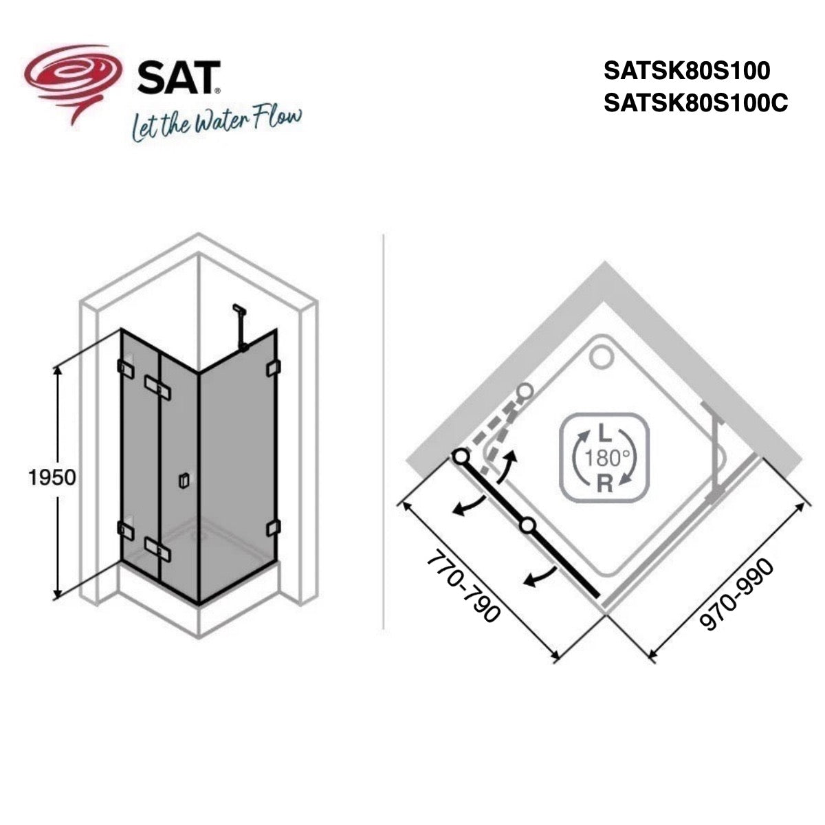 SATSK80S100 SAT SK 100 x 80 pravokotna tuš kabina z zložljivimi vrati