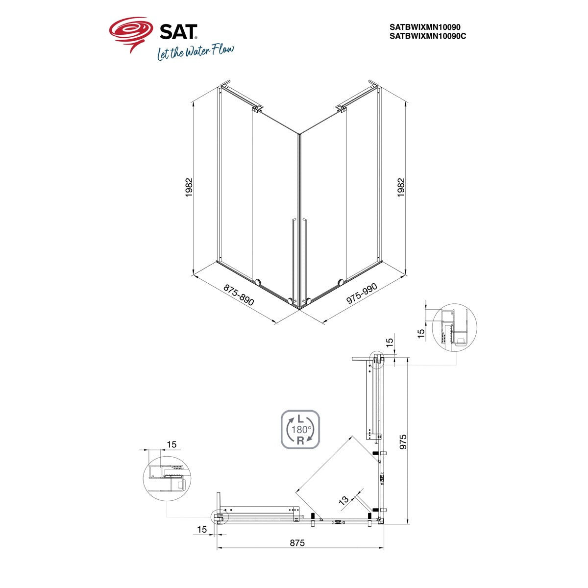 SATBWIXMN10090C SAT Walk-In Xmotion 100 x 90 pravokotna tuš kabina črna