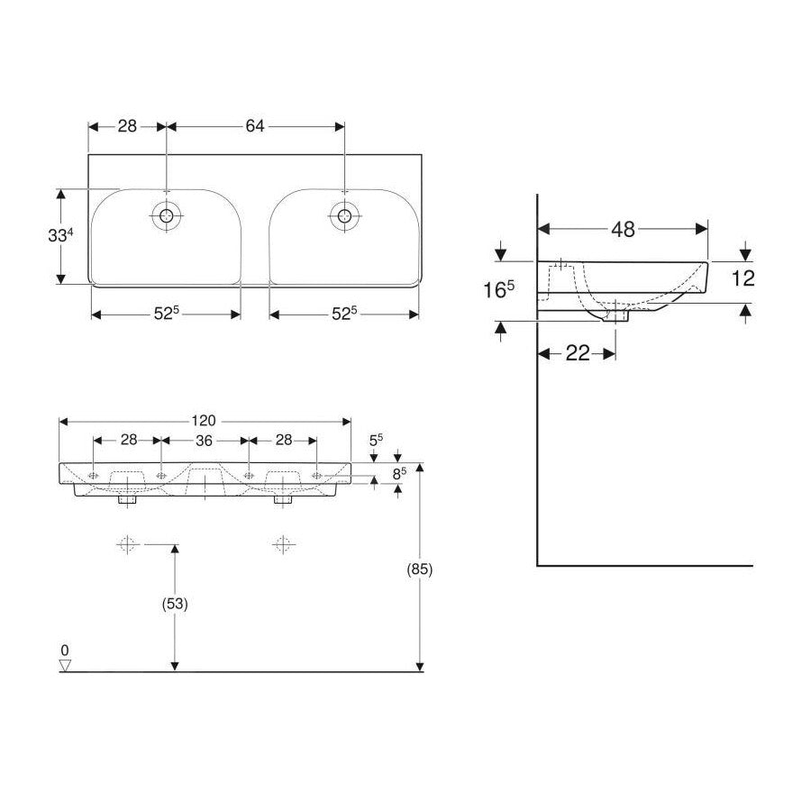 500.224.01.1 Geberit Smyle Square 120 x 48 cm dvojni keramični umivalnik brez odprtine za armaturo