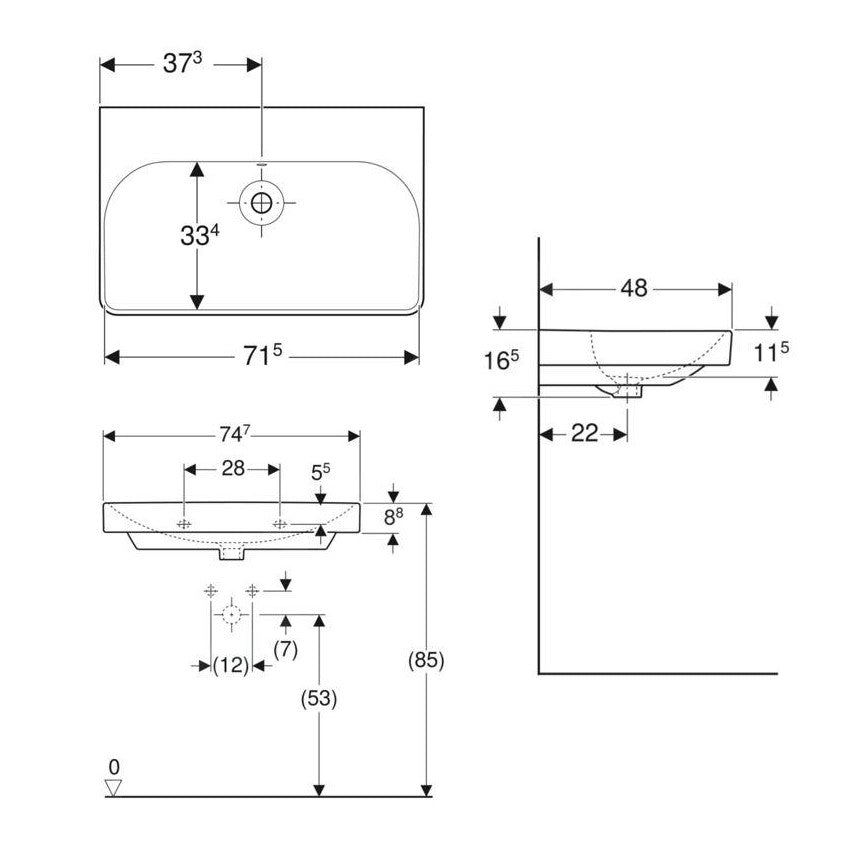 500.249.00.2 Geberit Smyle Square 75 x 48 cm keramični umivalnik brez odprtine za armaturo