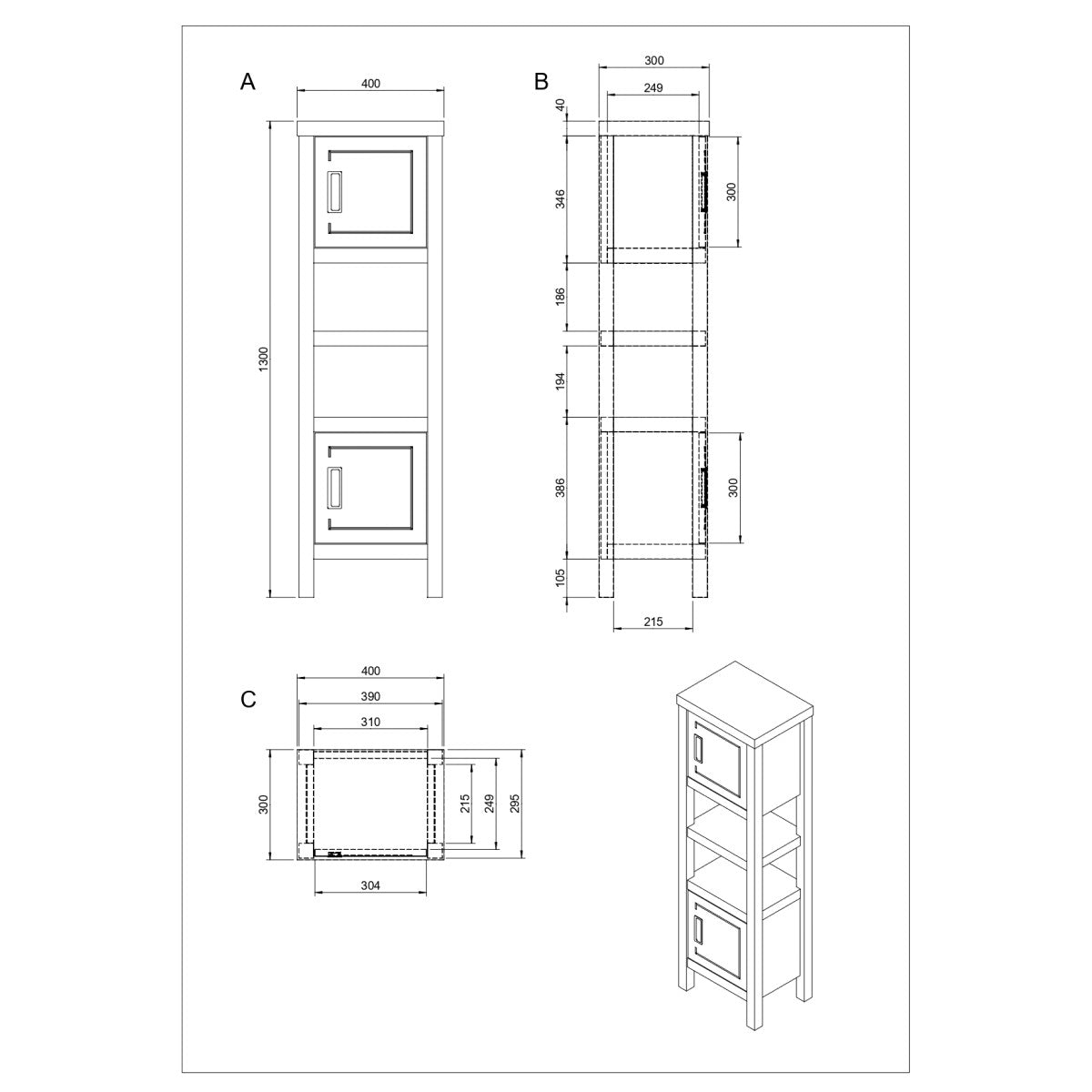 COUNTRYV40LPPA Naturel Country 130 x 40 x 30 cm prostostoječa masivna kopalniška omarica