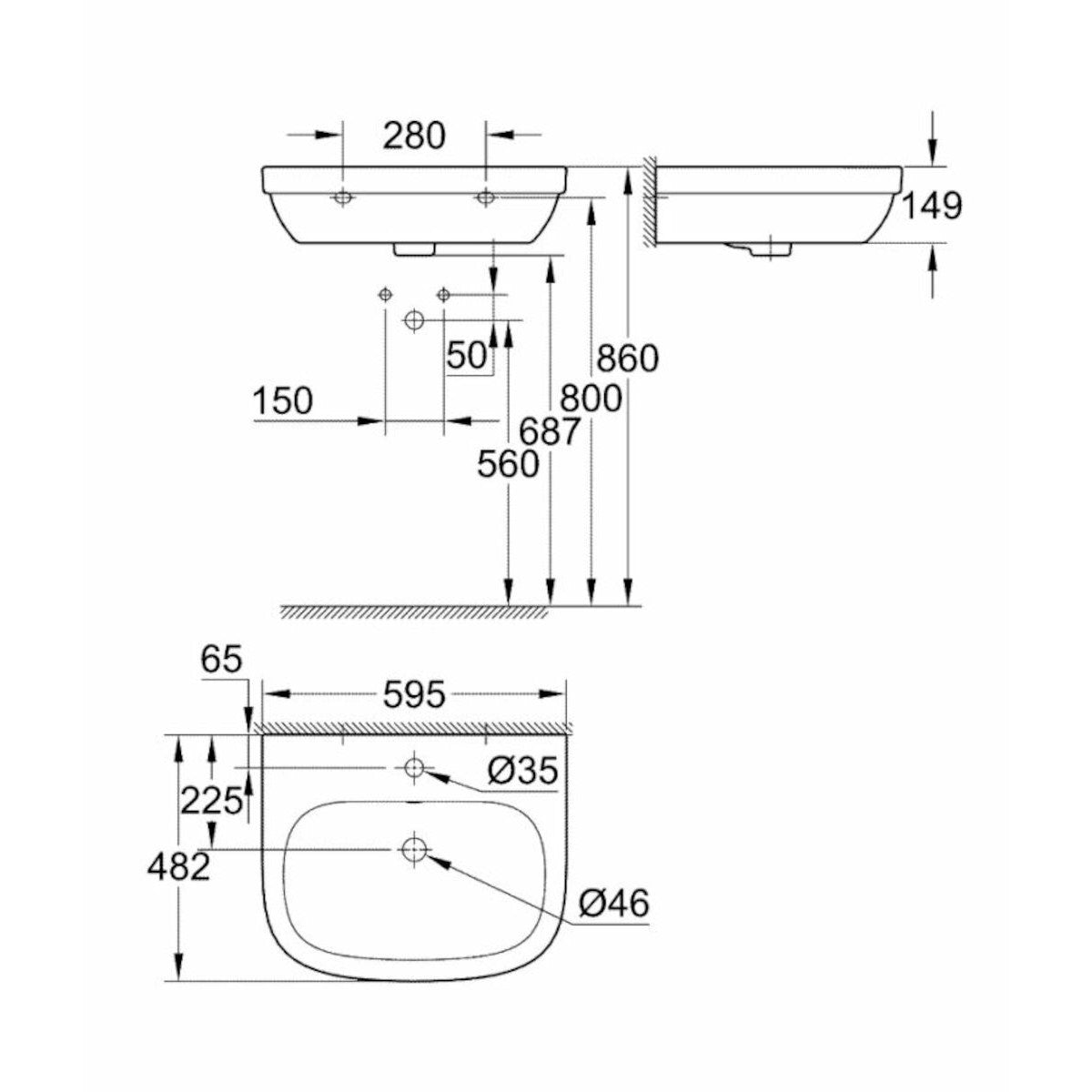 39335000 Grohe Euro Ceramic 60 x 48 cm stenski keramični umivalnik z odprtino za armaturo