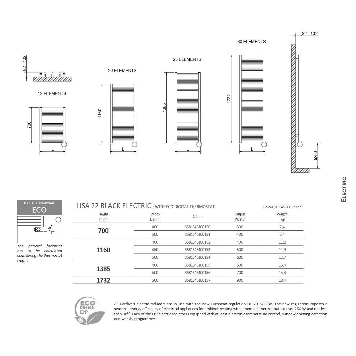 LISA5001200 Cordivari Lisa 120 cm x 50 električni kopalniški radiator
