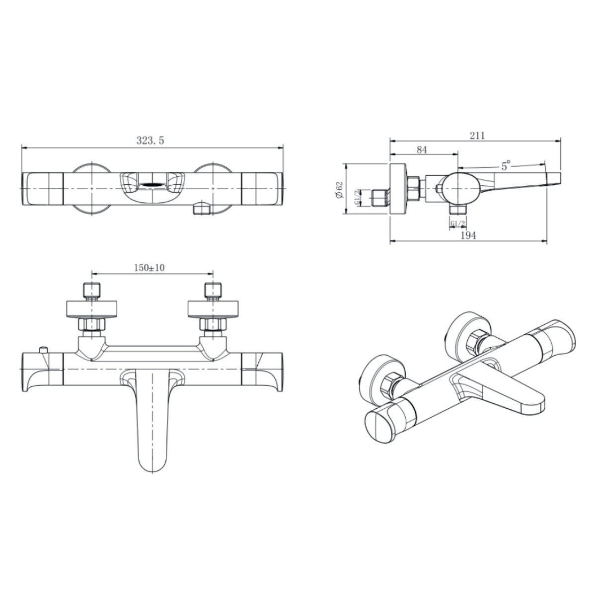 SATBSDA222C SAT DARK stenska termostatska armatura za kad