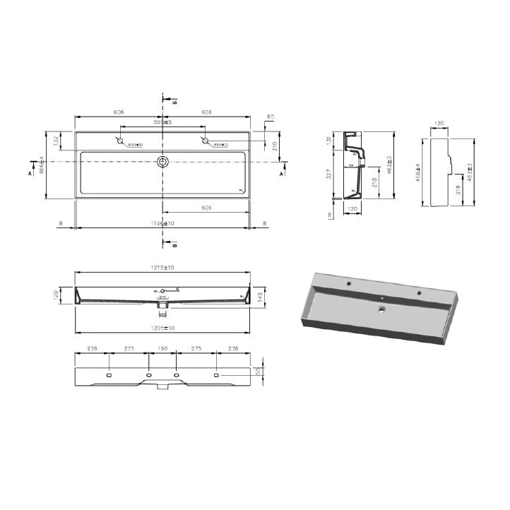 SATINF12046 SAT Infinitio 121 x 47 cm dvojni keramični umivalnik z 2 odprtinama
