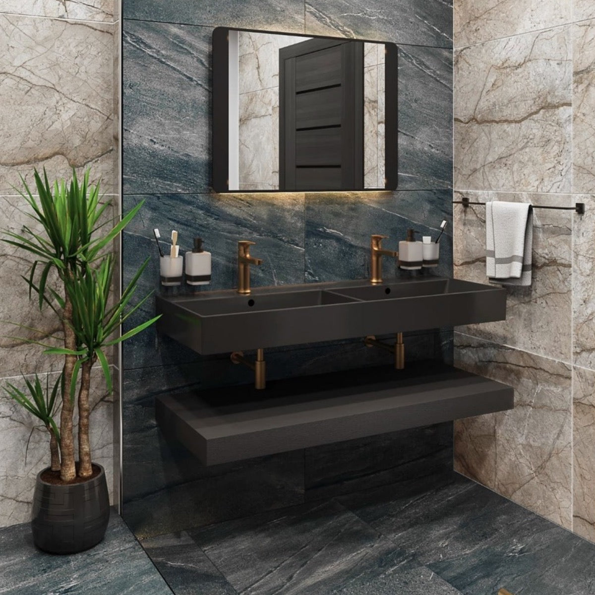 SATINF212046BKM SAT Infinitio 120 x 46,5 cm dvojni keramični umivalnik z 2 odprtinama črni