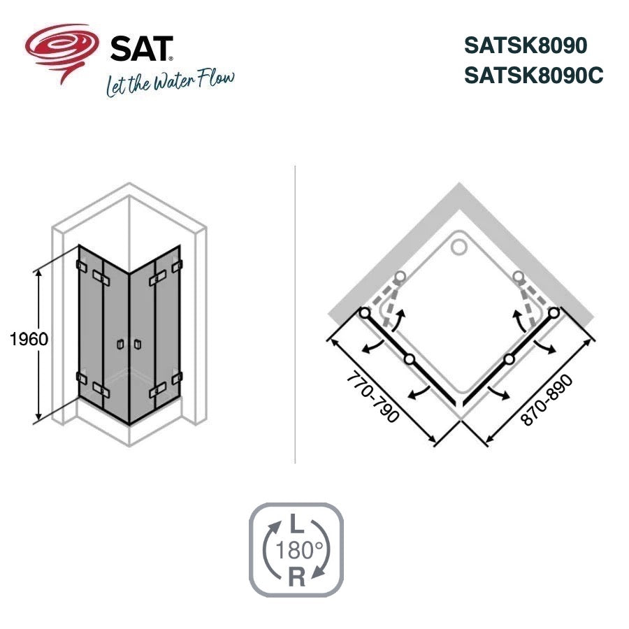 SATSK8090C SAT SK 90 x 80 pravokotna tuš kabina z zložljivimi vrati črna