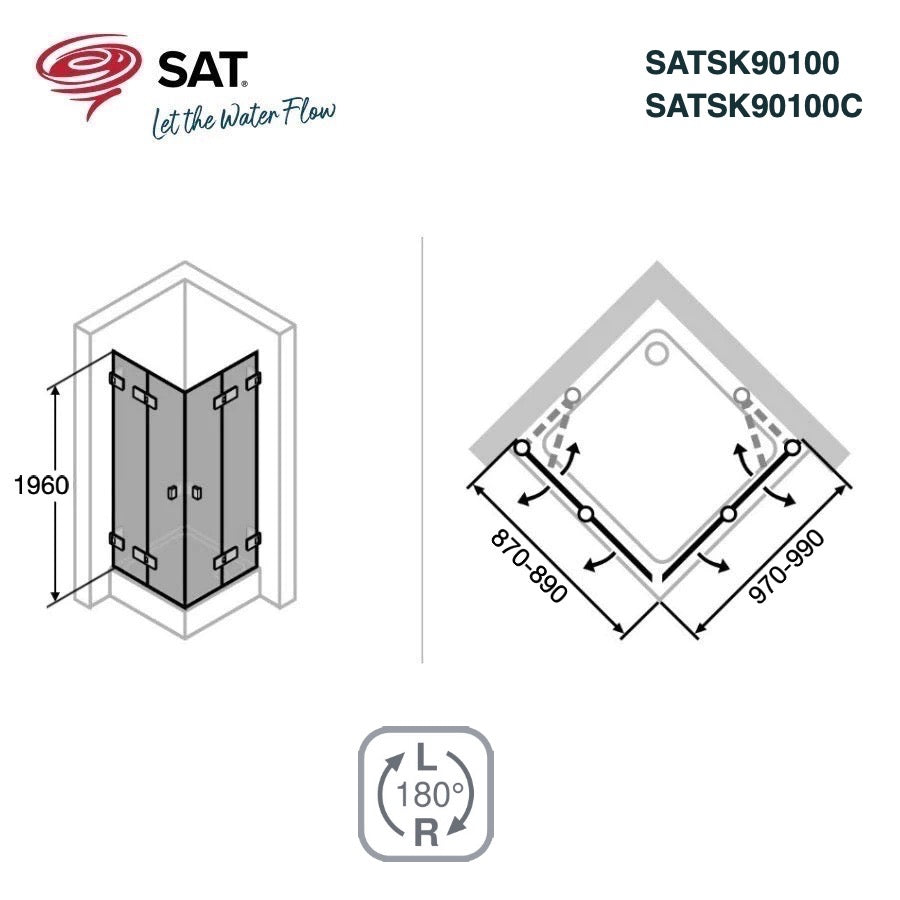 SATSK90100C SAT SK 100 x 90 pravokotna tuš kabina z zložljivimi vrati črna